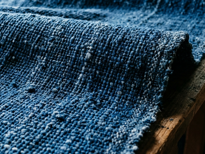 Handwoven blue indigo fabric with textured patterns on wooden table in a craft workshop